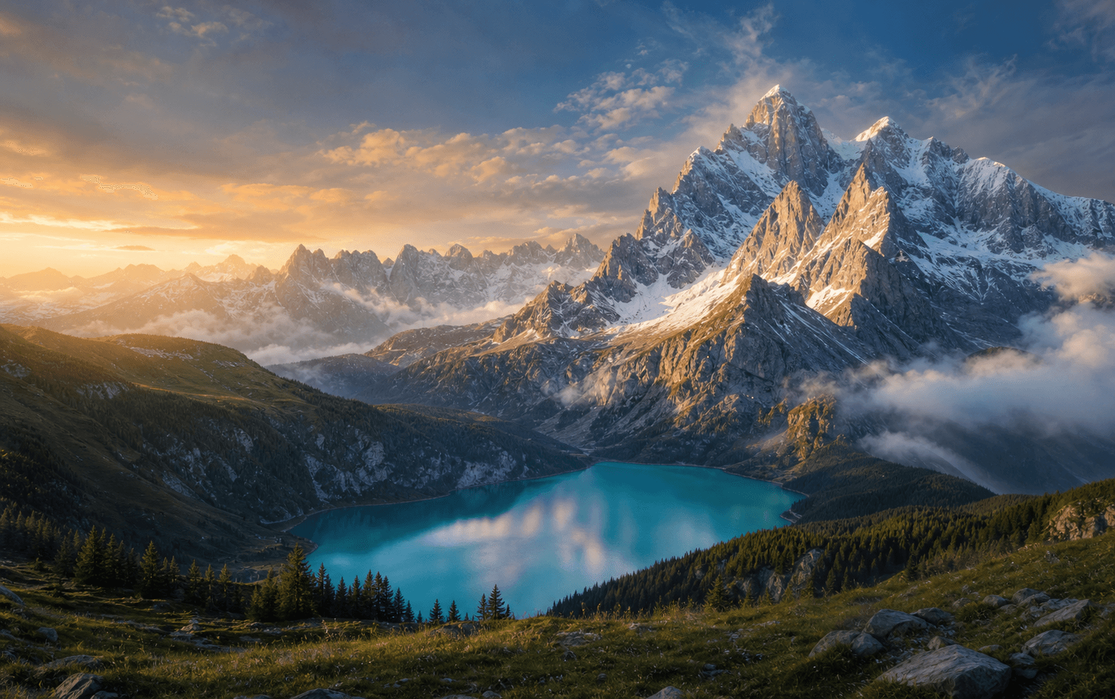 Switzerland alpine lake and mountain landscape at golden hour
